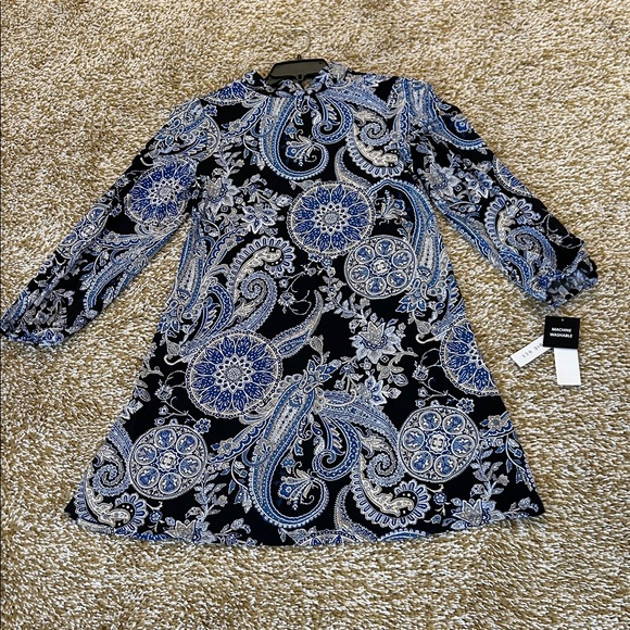 Robbie Bee Blue and Black Paisley Long Sleeve Dress - Picture 1 of 5
